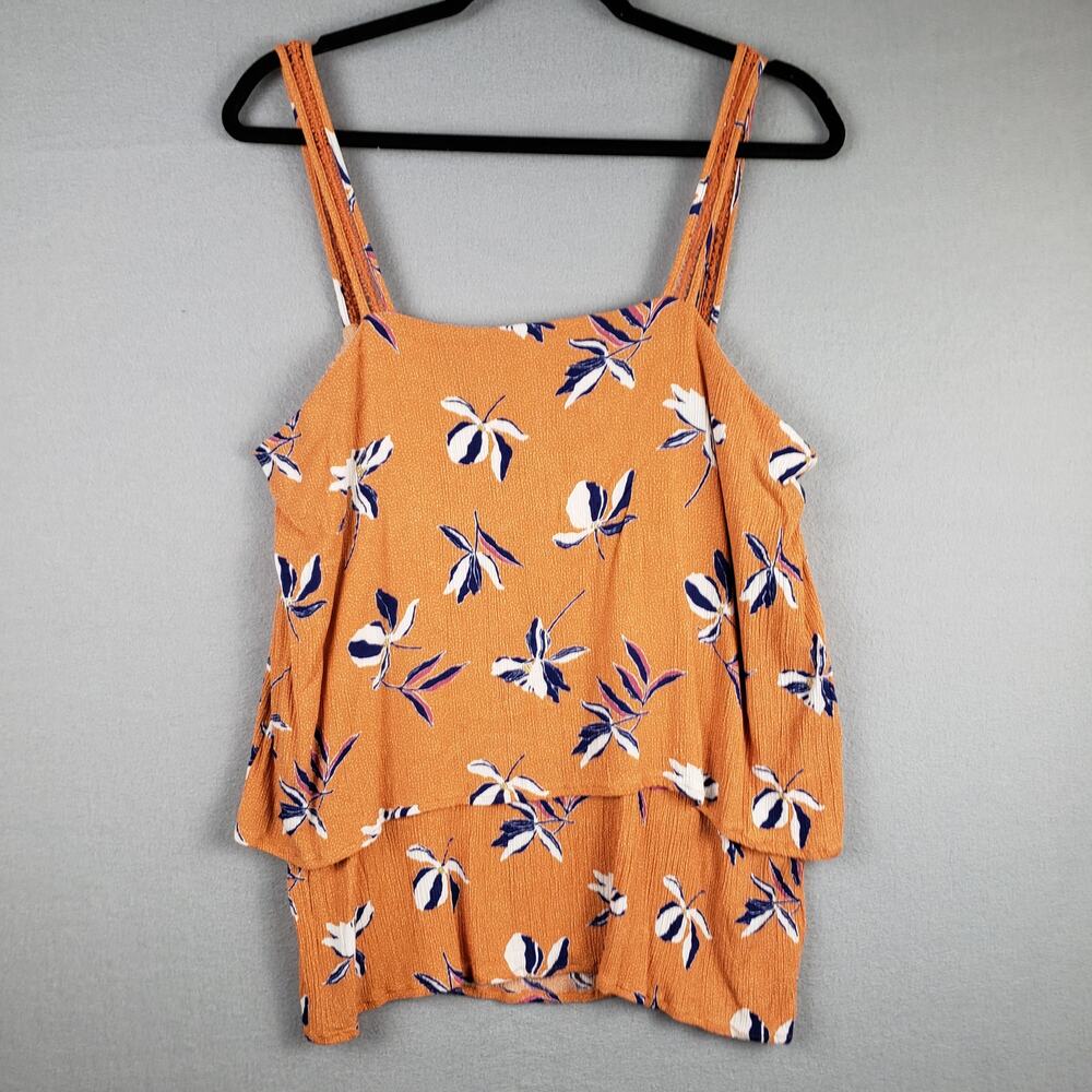 Studio B‎ XL Tiered Crepe Tank Top Orange Blue Tropical Floral Vacation Beachy